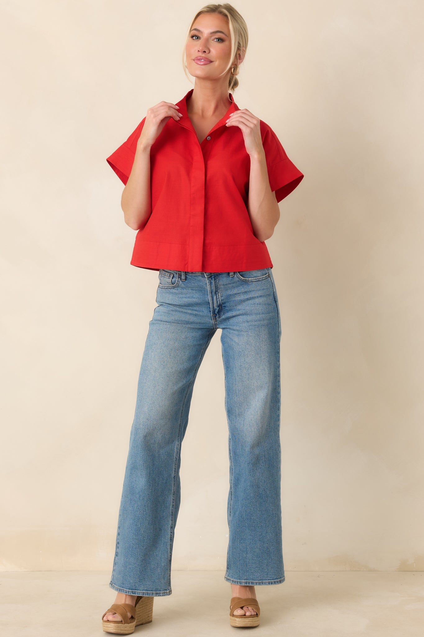 Pretty In Power Red Cotton Linen Button-Front Mock Neck Top