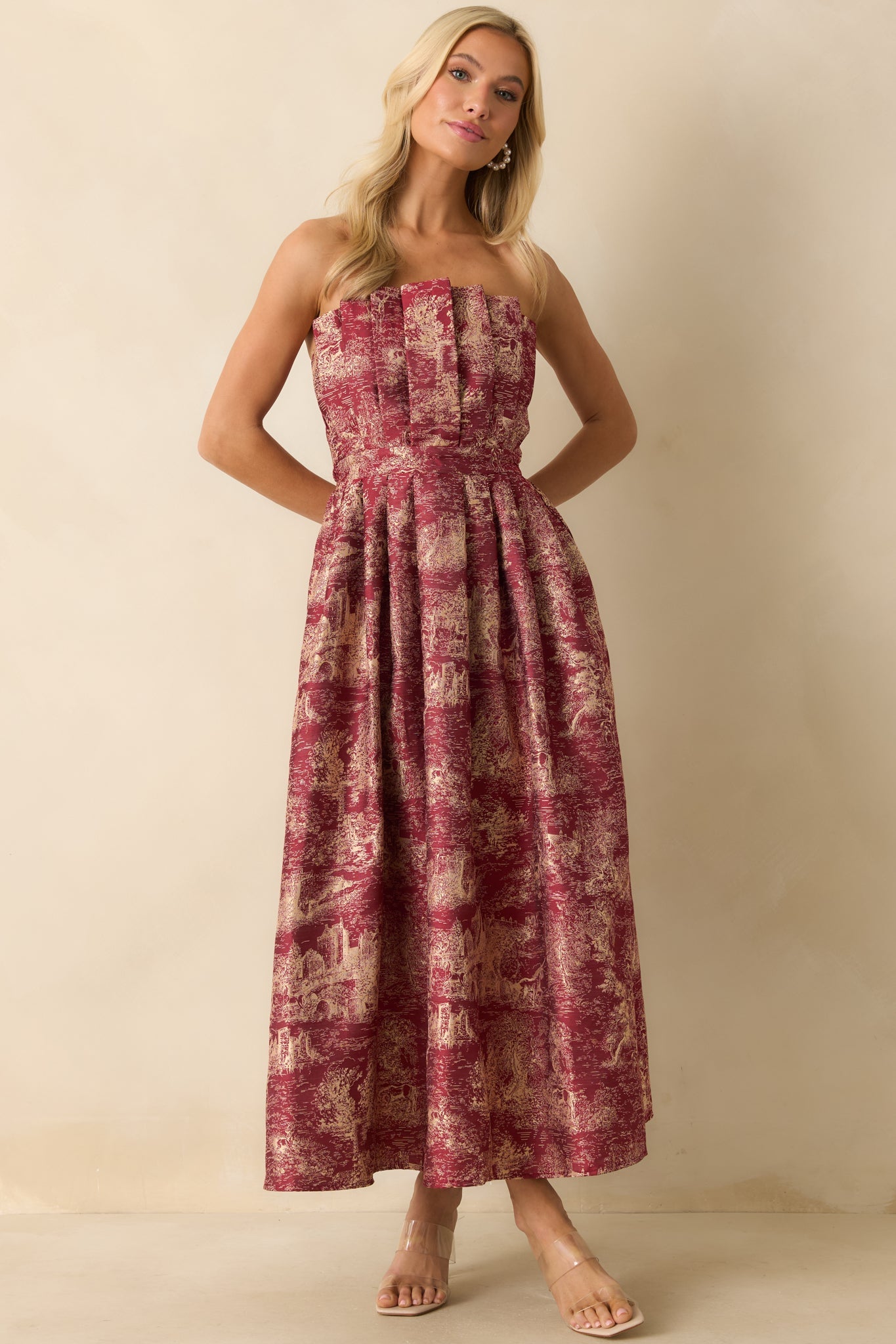 The Genevieve Burgundy Storybook Toile Jacquard Strapless Midi Dress