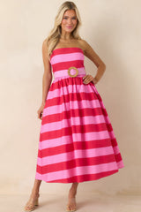 The Amanda Pink & Red Stripe Cotton Strapless Midi Dress