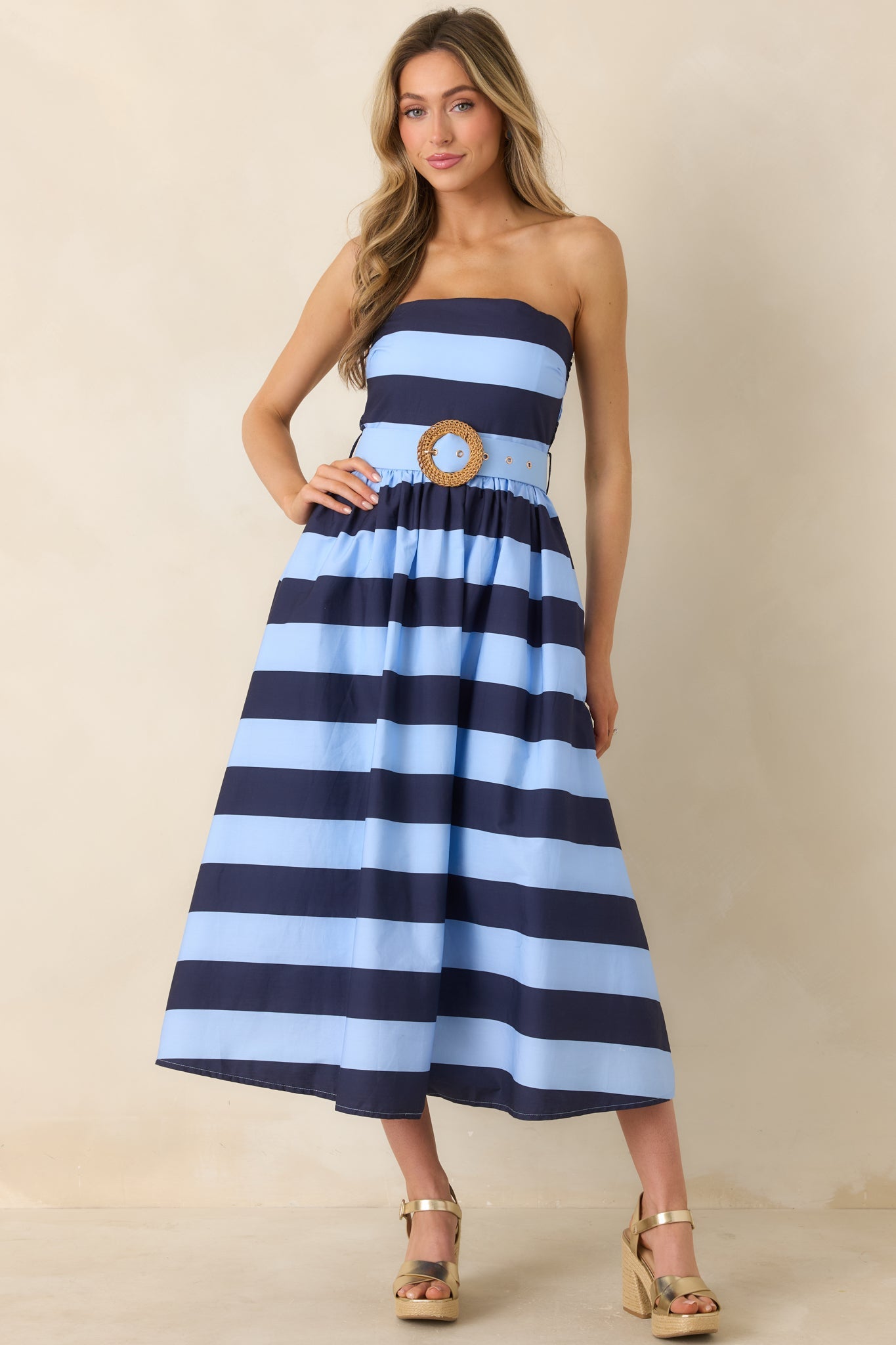 The Amanda Navy & Light Blue Stripe Cotton Strapless Midi Dress