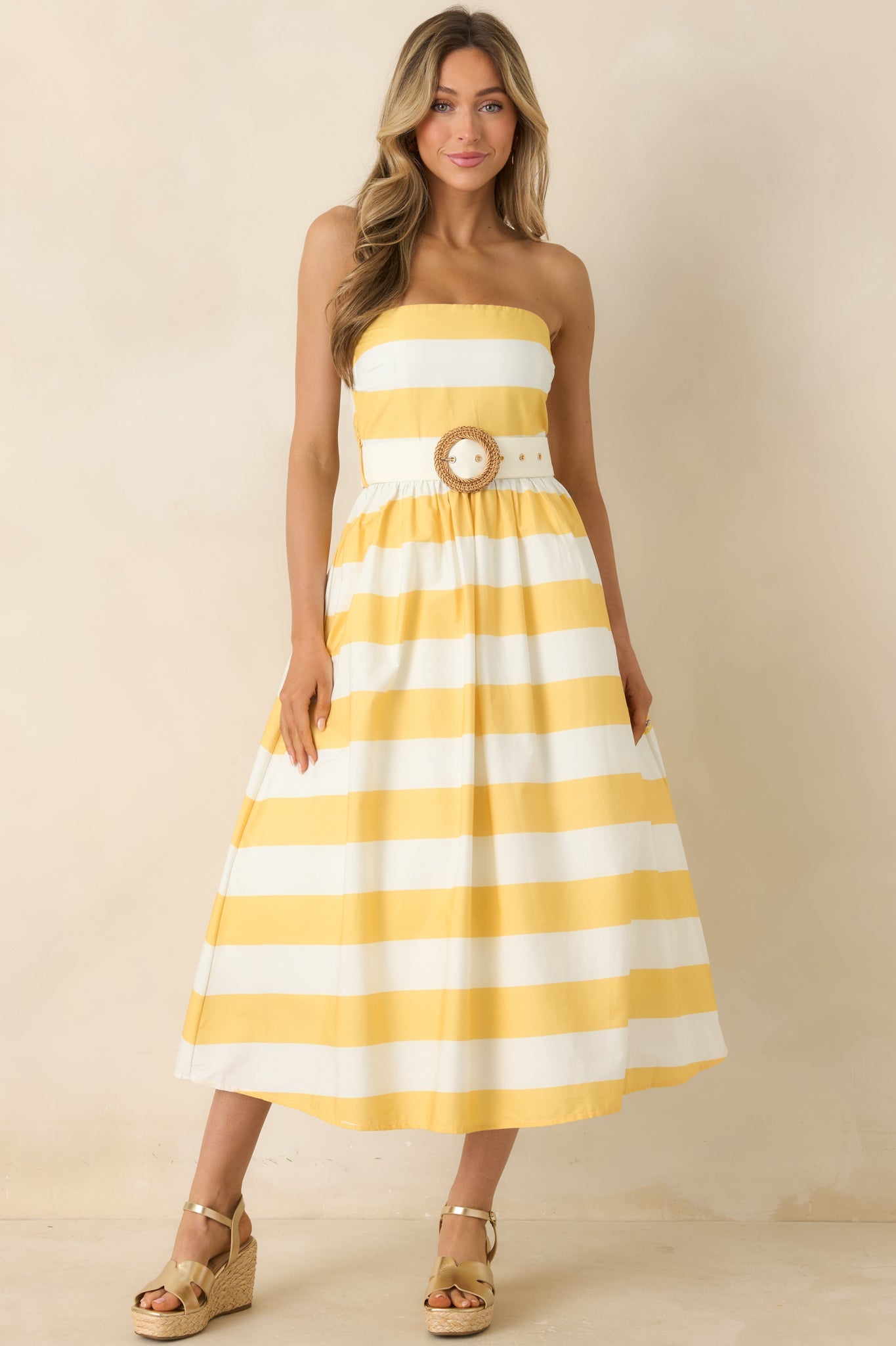 The Amanda Yellow & White Stripe Cotton Strapless Midi Dress