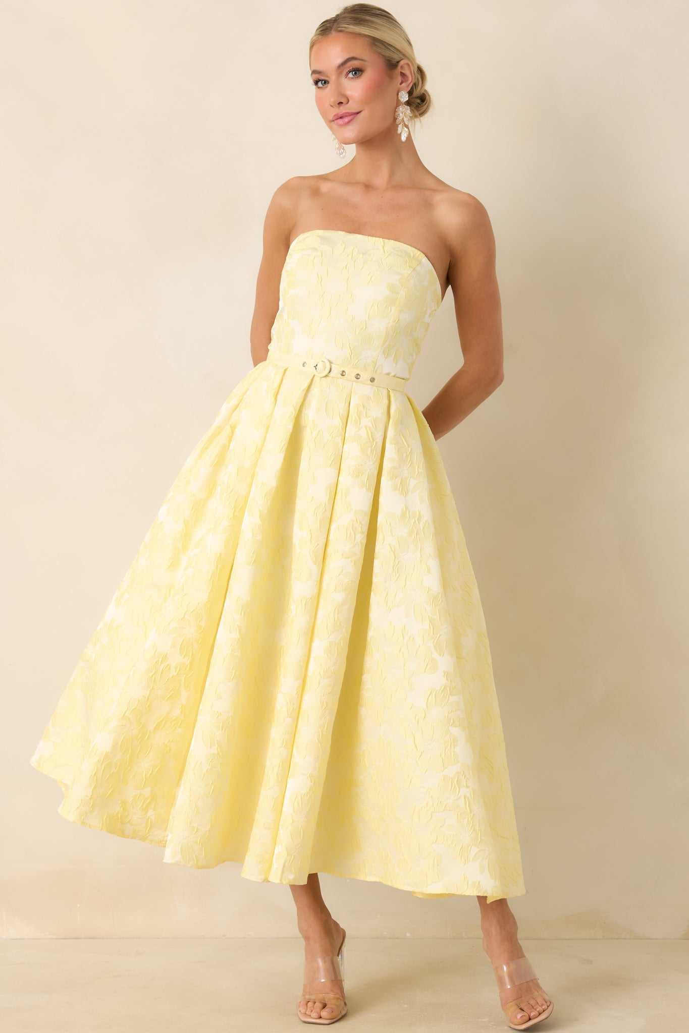 Radiating Joy Yellow Floral Jacquard Strapless Midi Dress