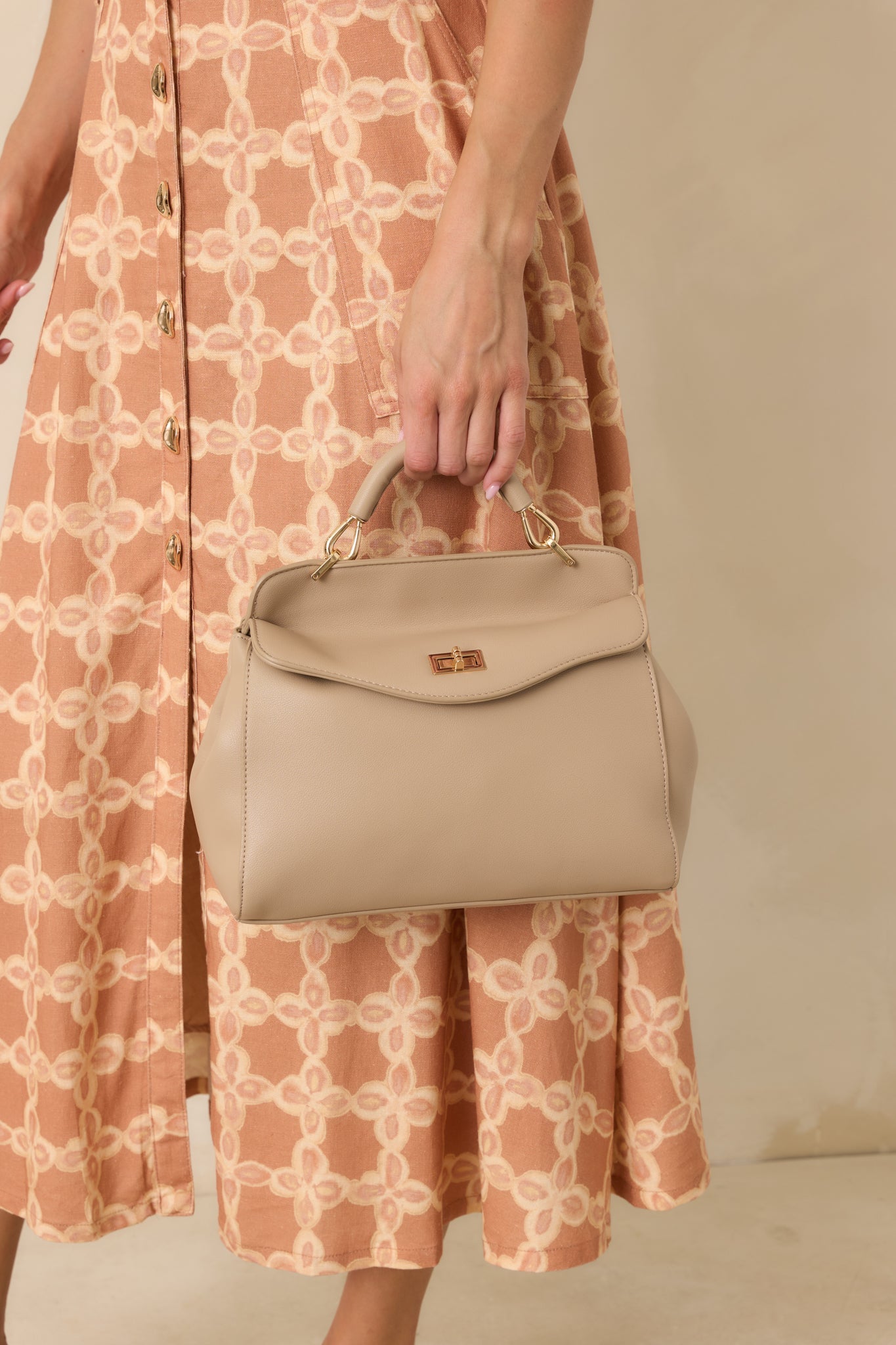 If You Insist Taupe Faux Leather Twist Lock Handbag
