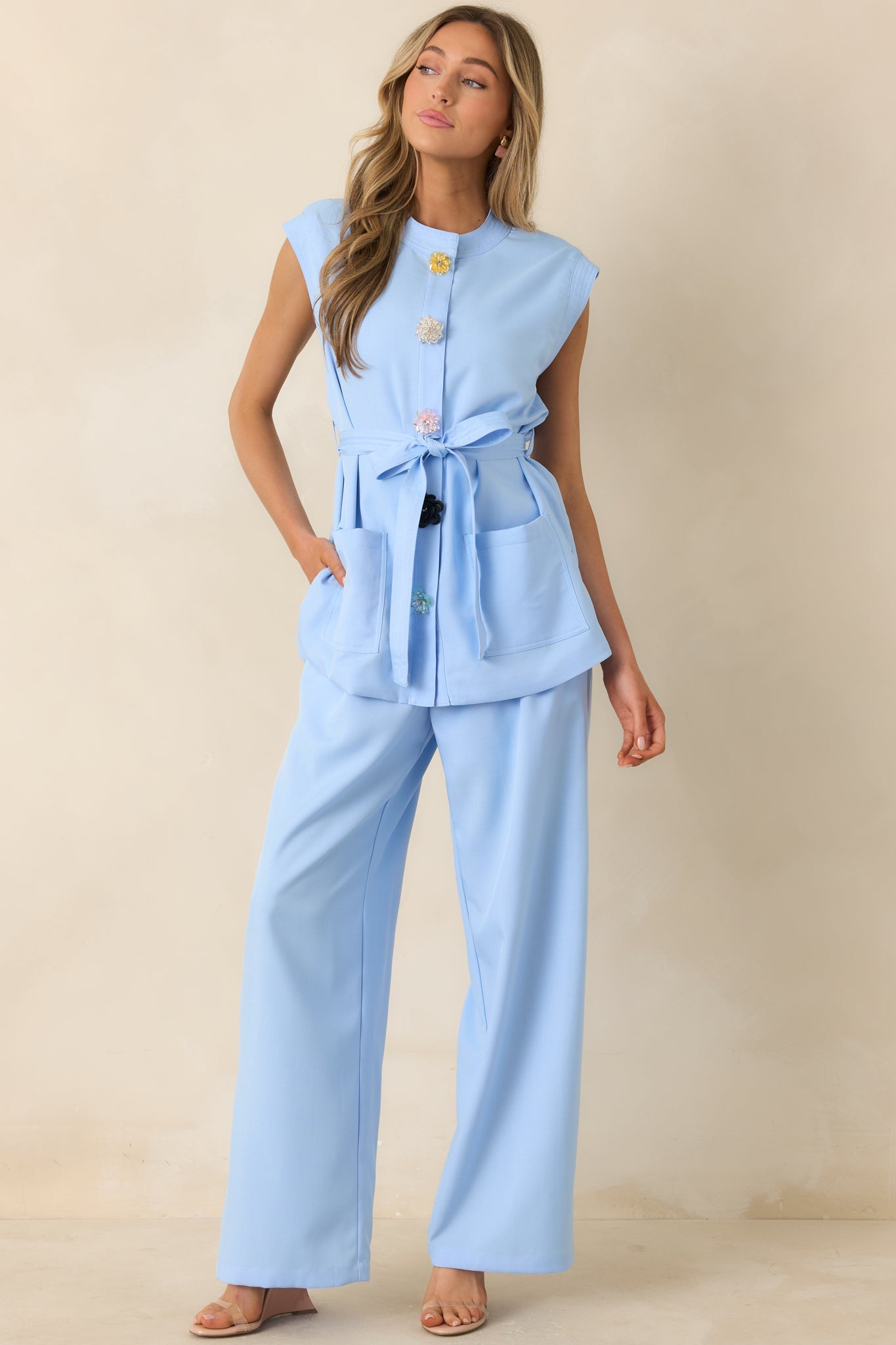 Details Make It Light Blue Tailored Wide Leg Trousers