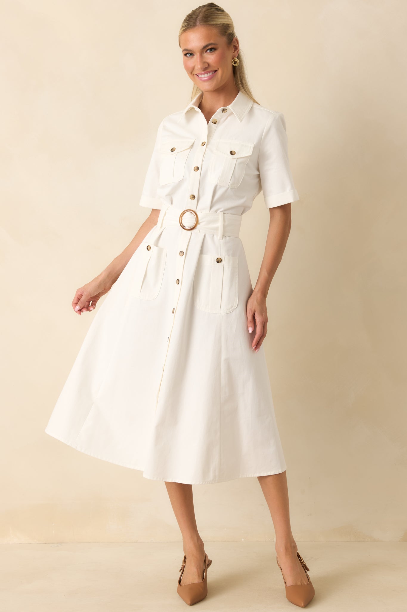 Prosperina Bentley White Cotton Twill Utility Midi Dress