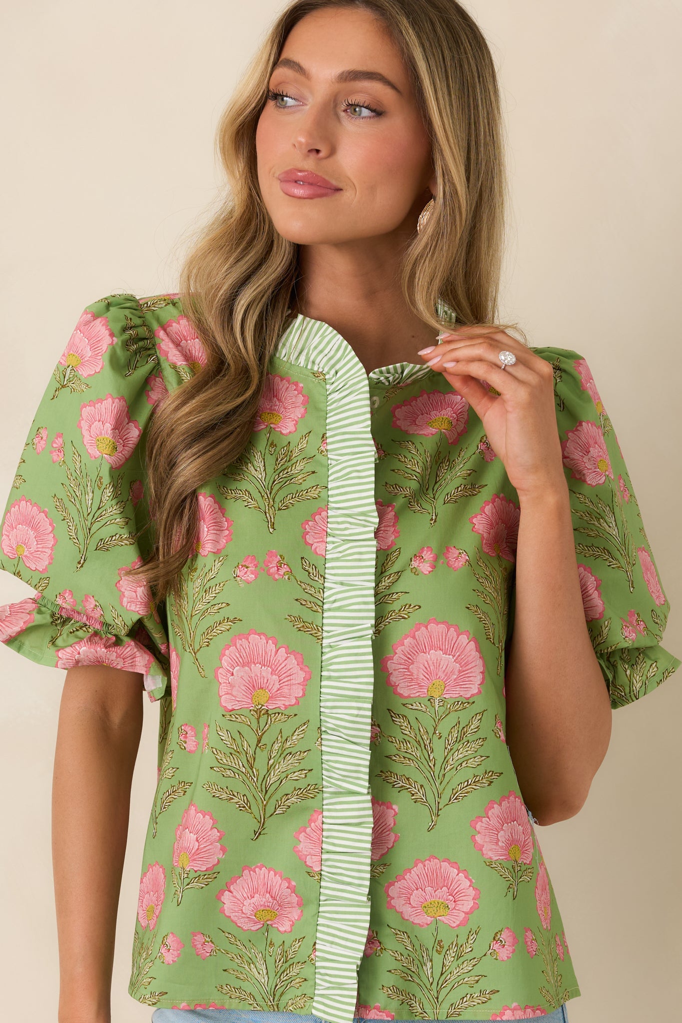 Meadow Morning Green & Pink Floral Print Puff Sleeve Top