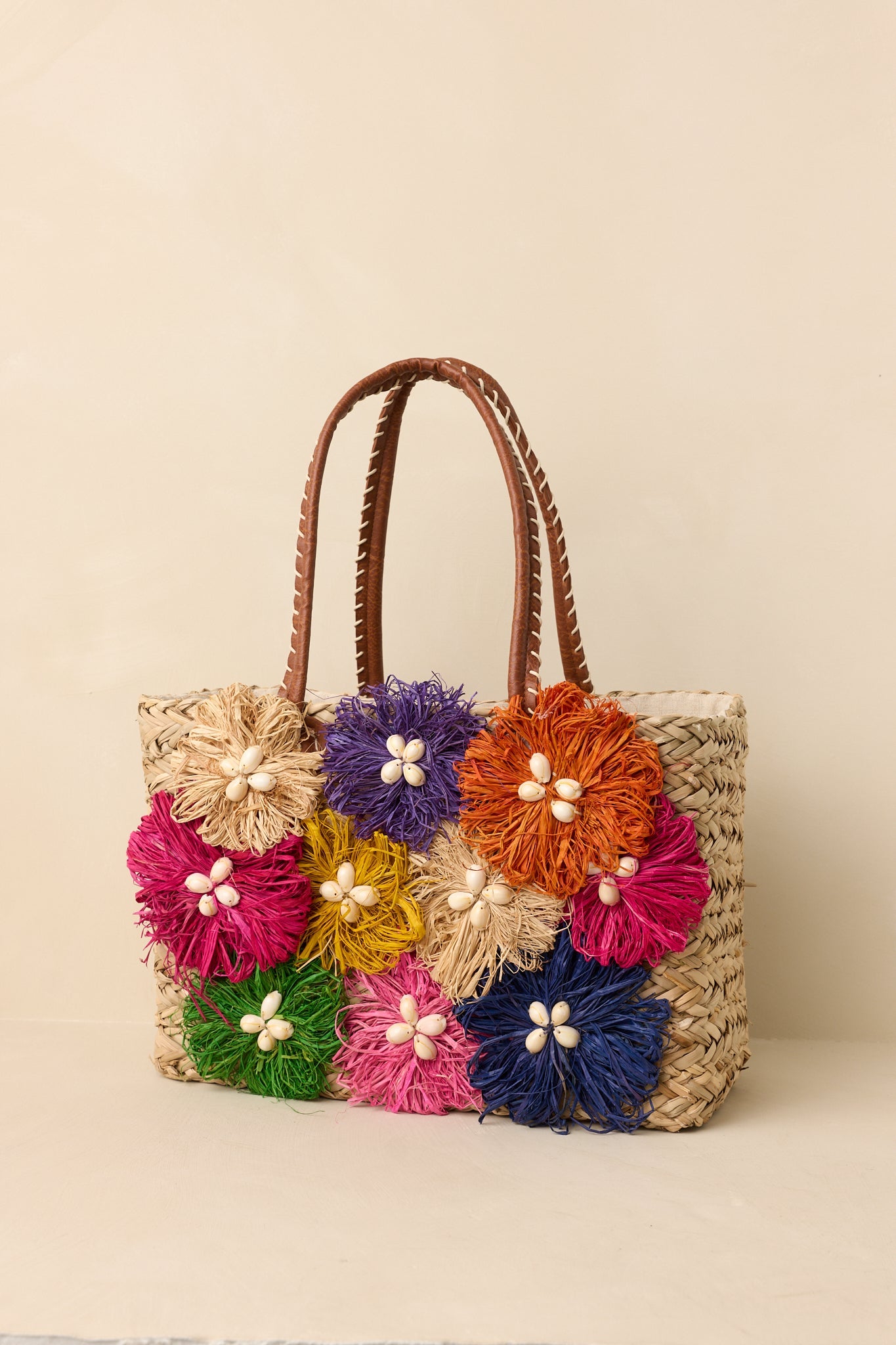 Fiesta Flora Natural Multi Floral Raffia Straw Tote