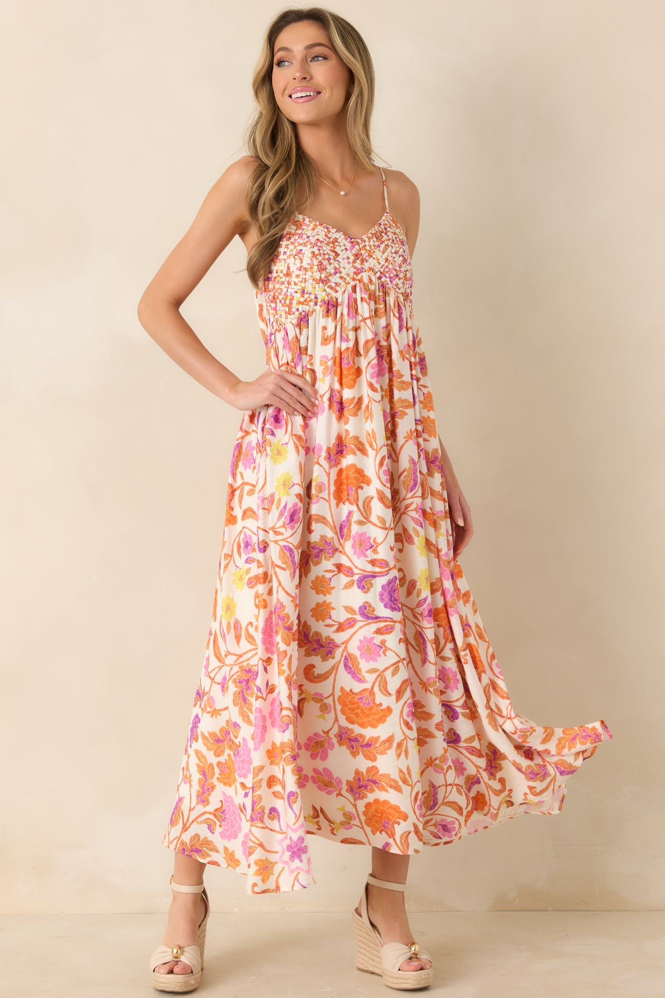 Here for the Sun Pink & Orange Floral Woven Maxi Dress