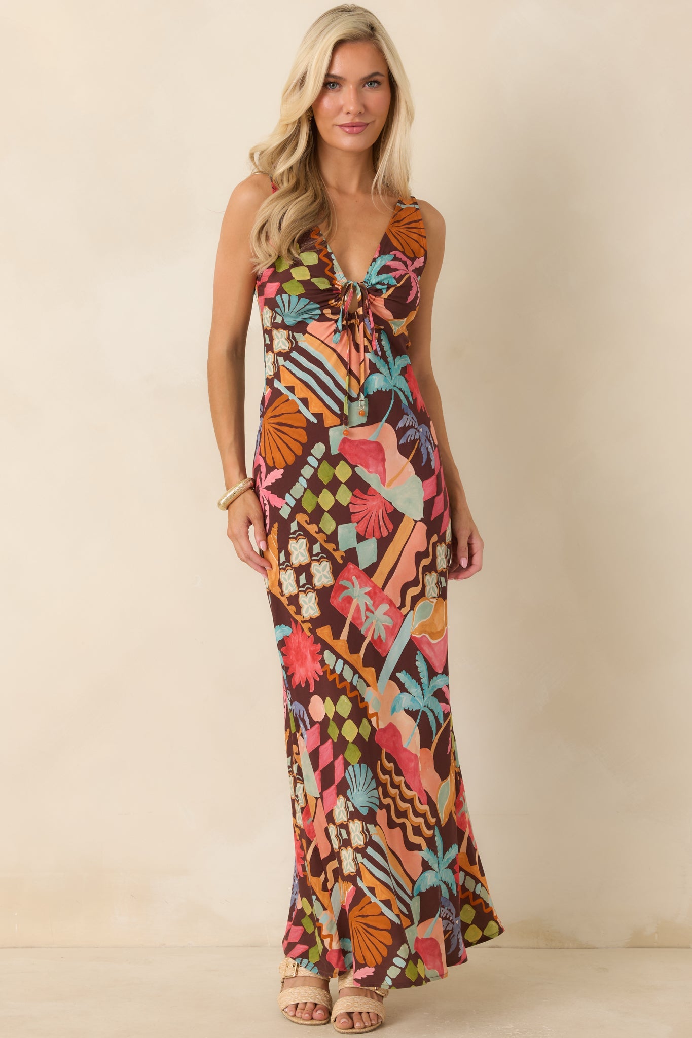 MINKPINK Isola Brown Multi Vintage Coastal Print Keyhole Midi Dress