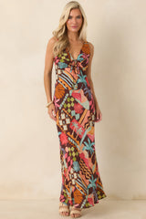 MINKPINK Isola Brown Multi Vintage Coastal Print Keyhole Midi Dress
