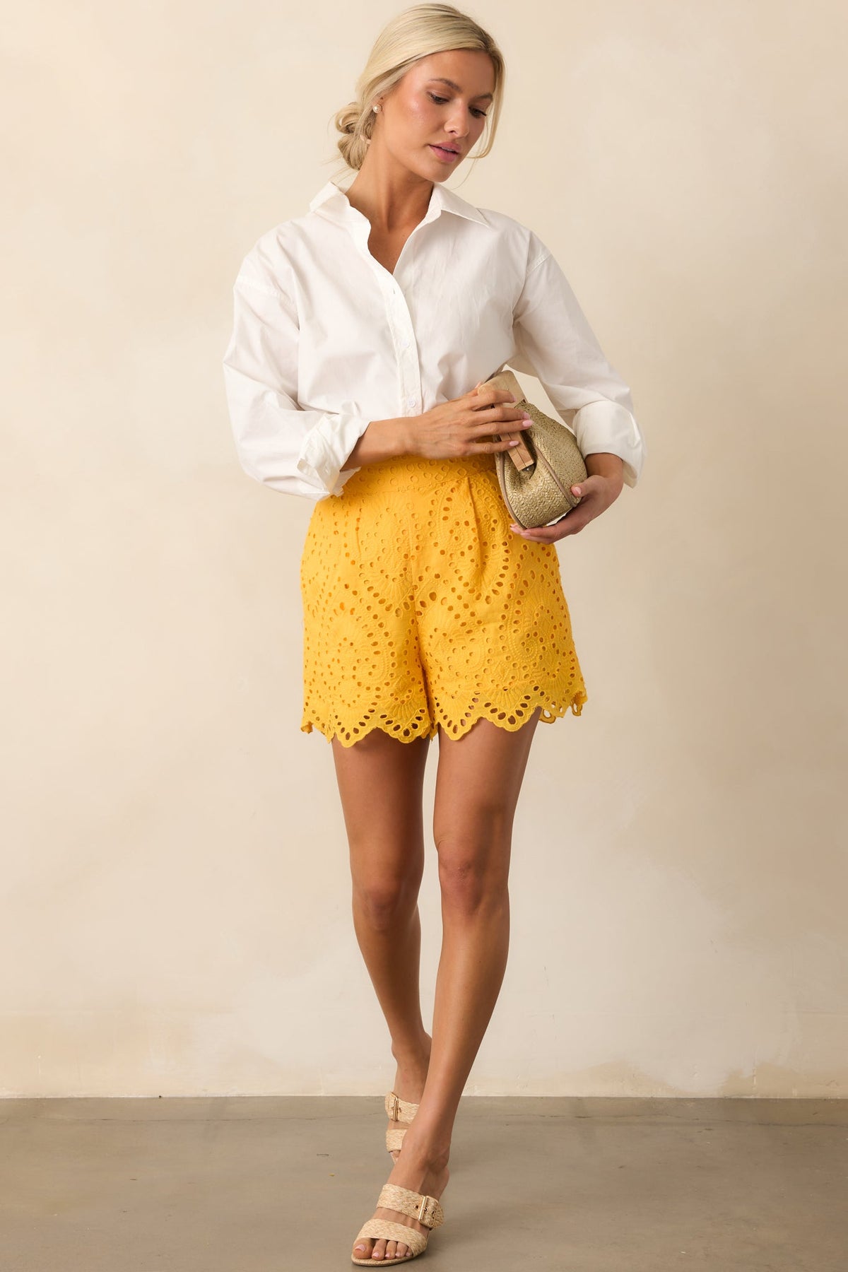 Perfect Fit Sunflower Yellow Cotton Embroidered Eyelet Shorts