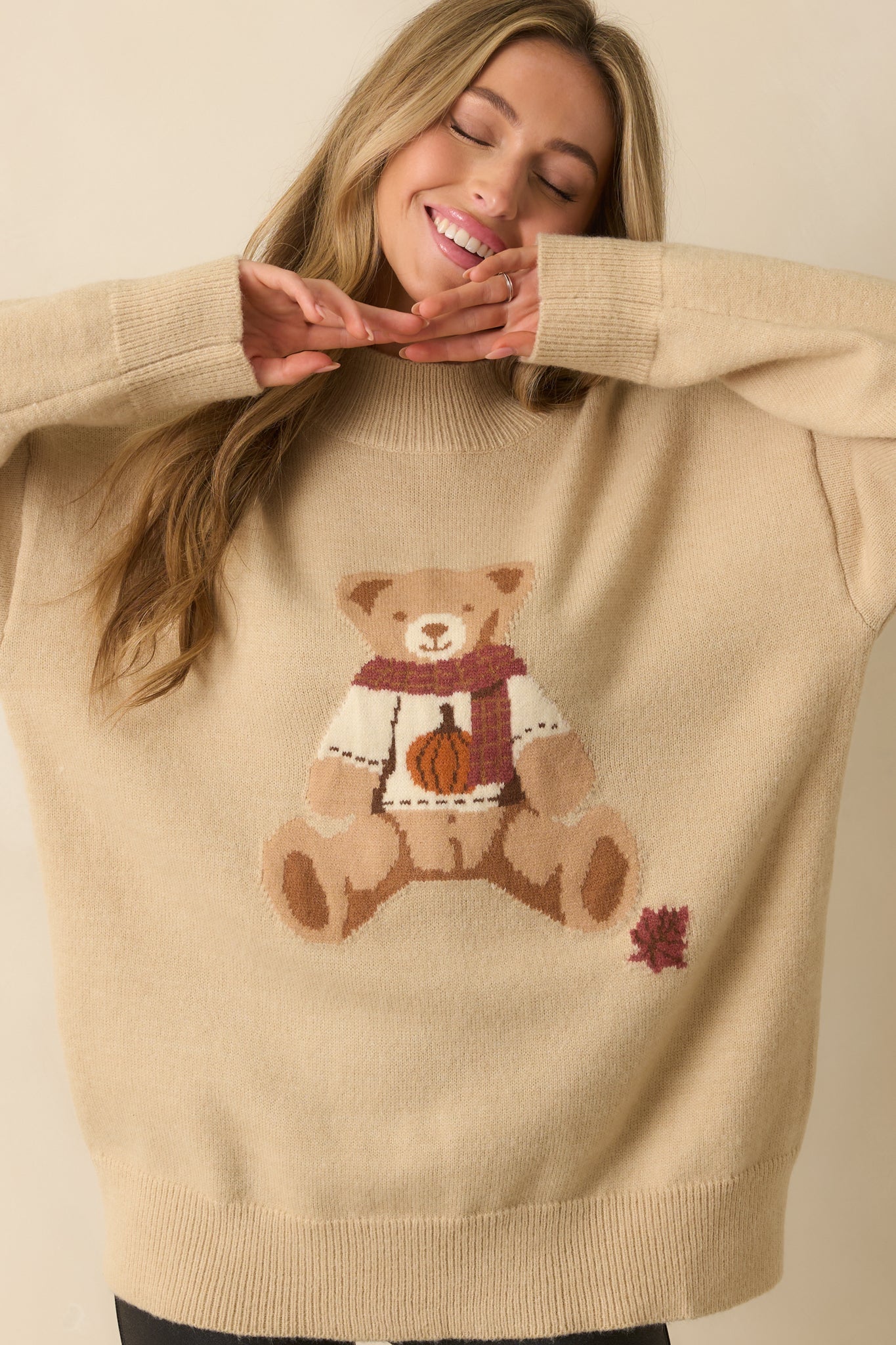 Cozy As Can Be Beige Teddy Bear Knit Long Sleeve Oversized Sweater