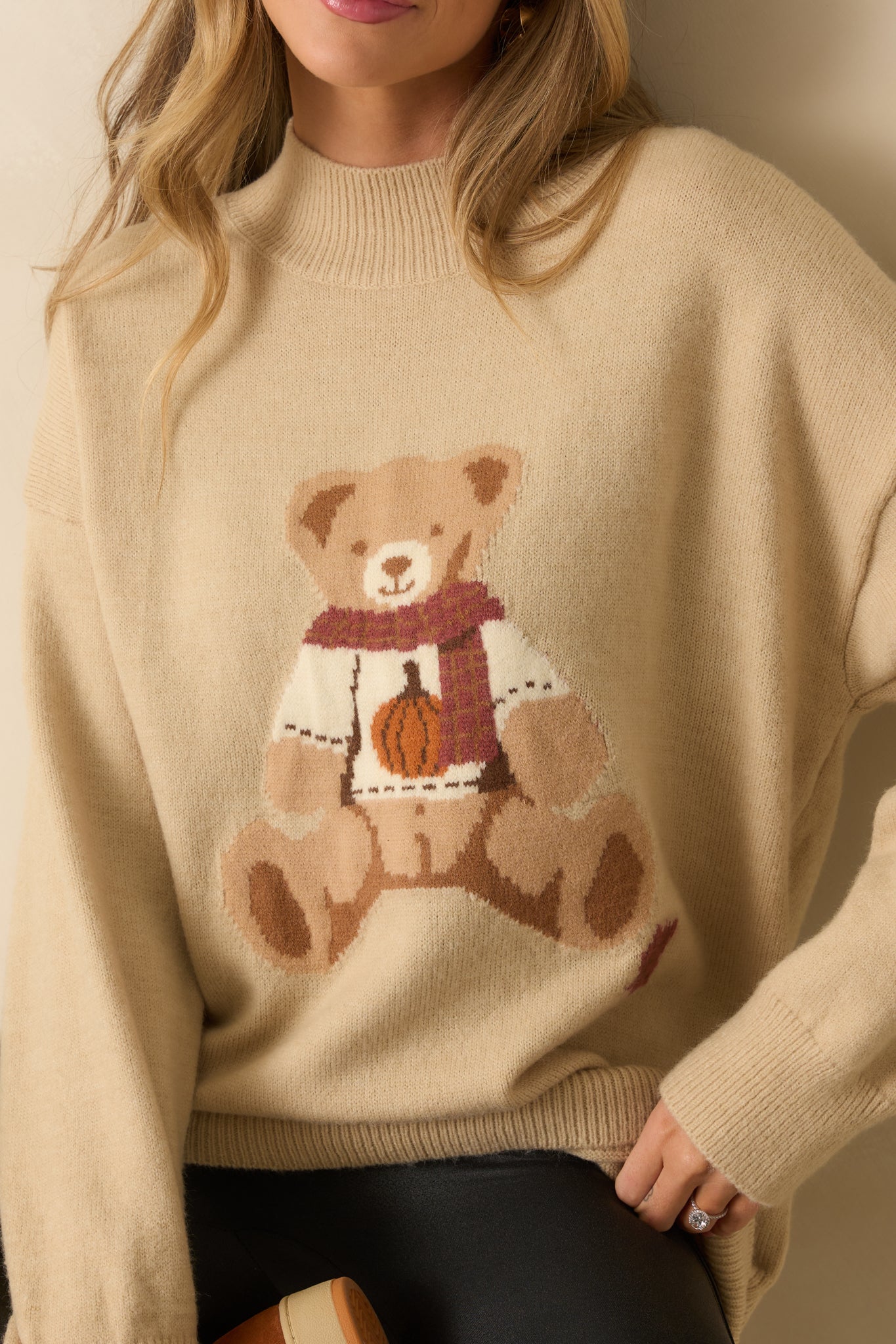 Cozy As Can Be Beige Teddy Bear Knit Long Sleeve Oversized Sweater