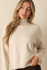 For The Best Light Beige Knit Long Sleeve Turtleneck Sweater