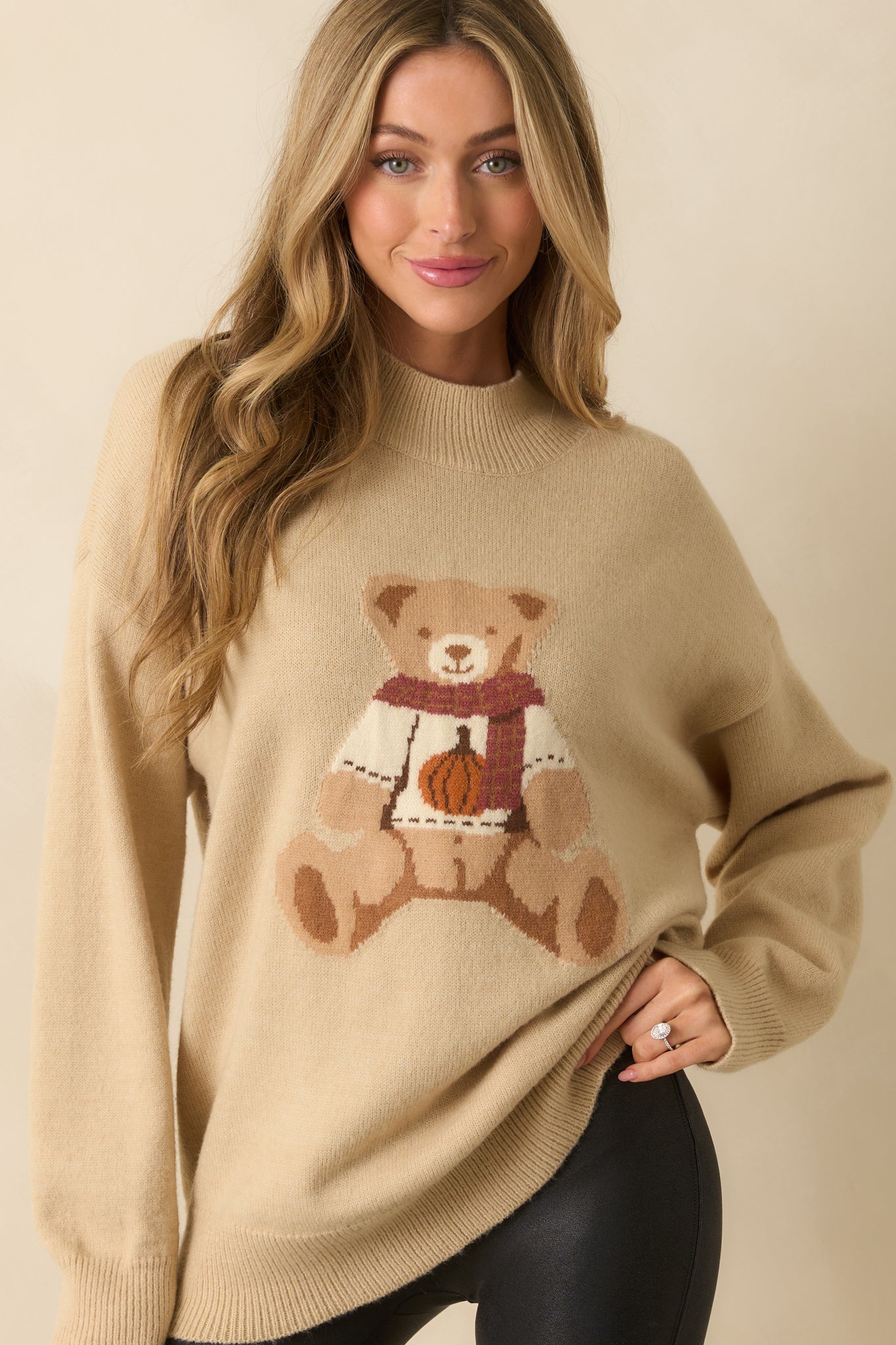 Cozy As Can Be Beige Teddy Bear Knit Long Sleeve Oversized Sweater