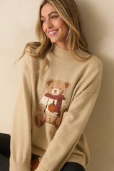 Cozy As Can Be Beige Teddy Bear Knit Long Sleeve Oversized Sweater