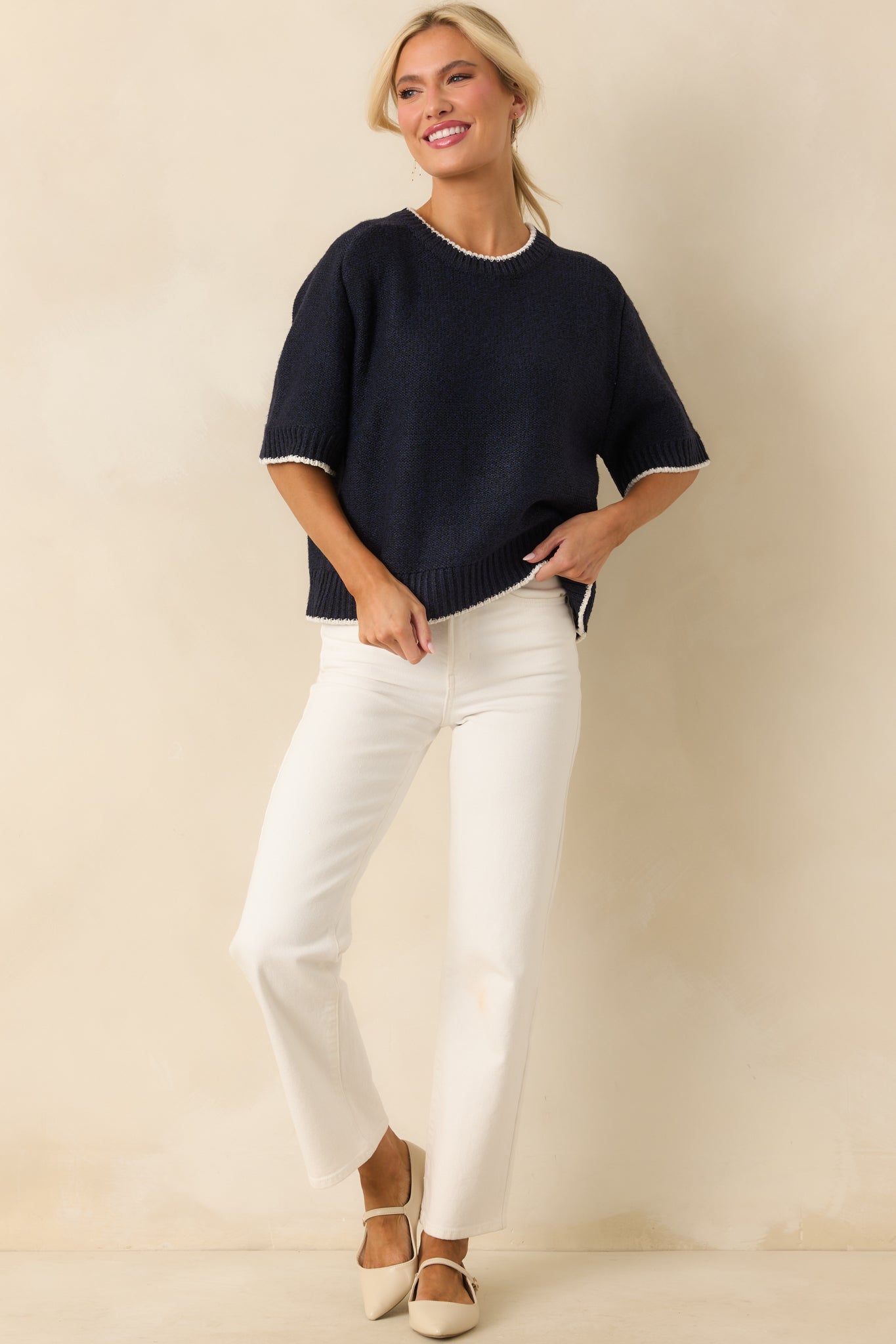 Never Looked Back Navy Contrast Trim Short Sleeve Sweater