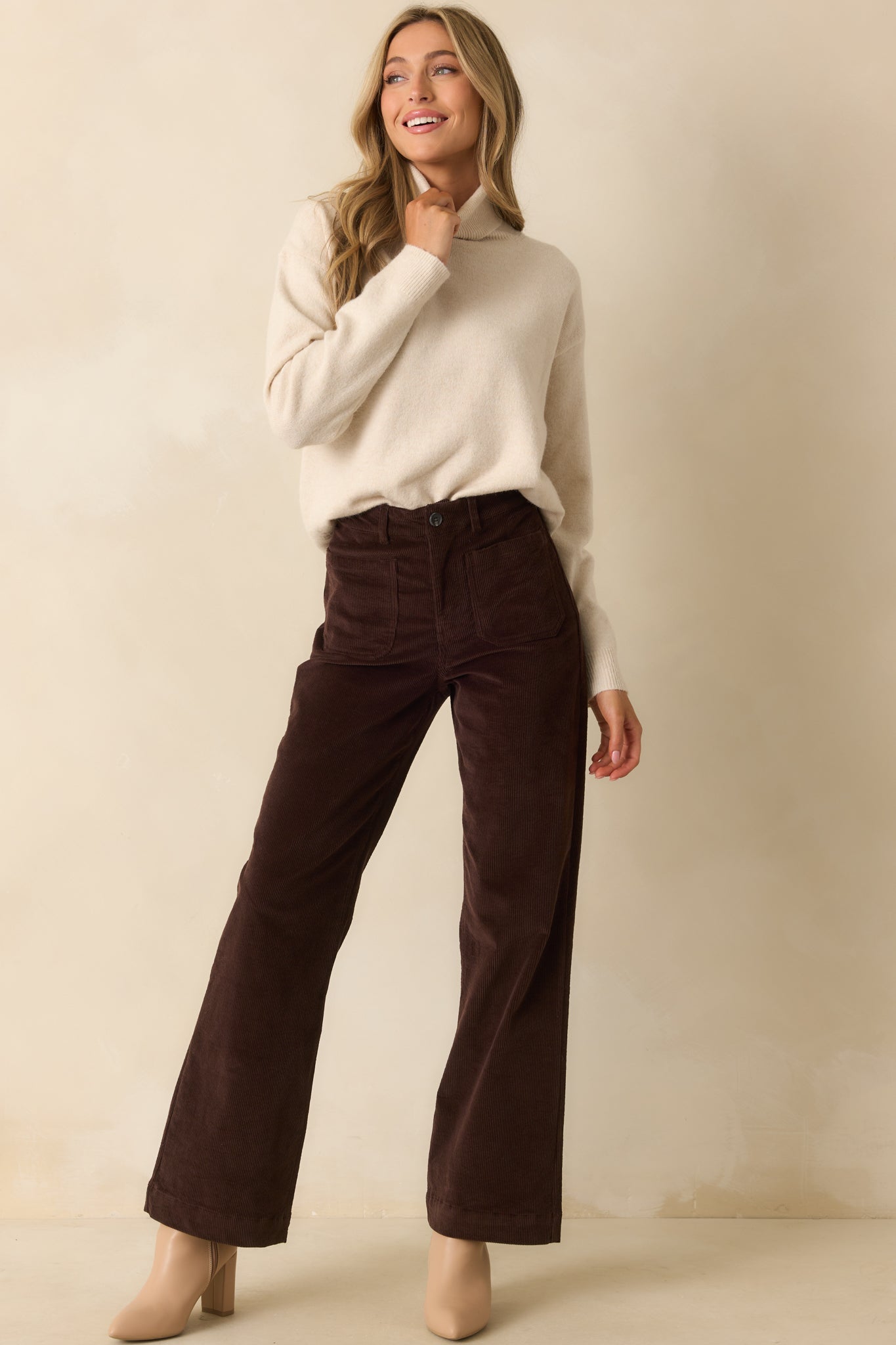For The Best Light Beige Knit Long Sleeve Turtleneck Sweater