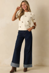 Found My Place Ivory Acorn Embroidered Short Sleeve Sweater