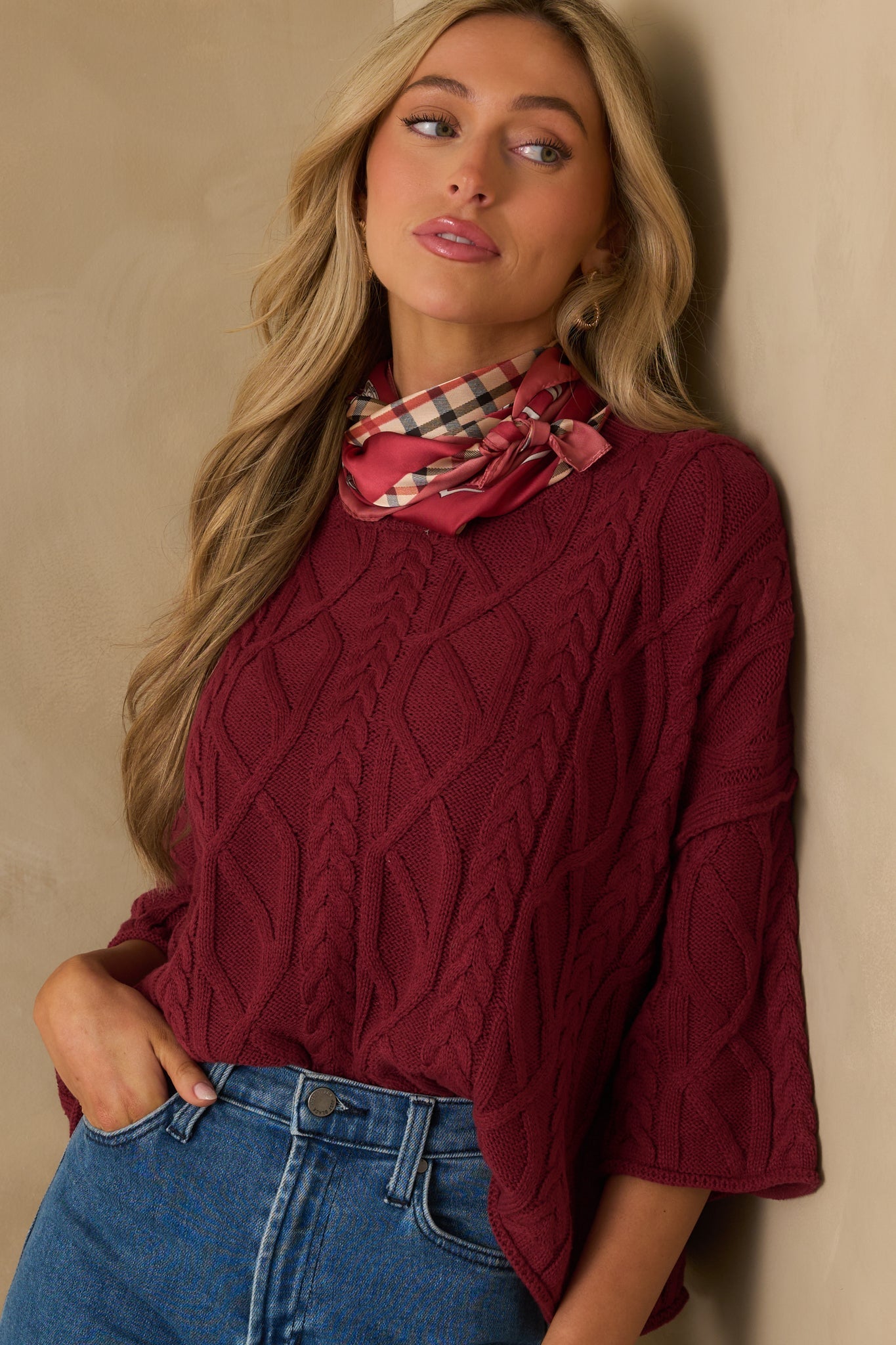 From The Start Burgundy Cable Knit Cotton Crew Neck Sweater