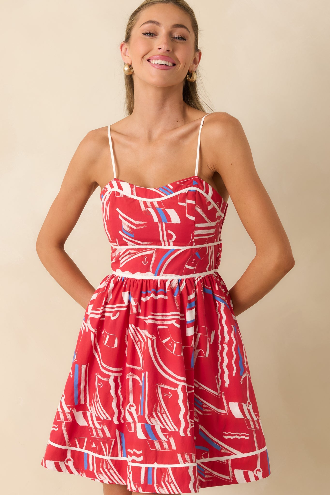 Prosperina Veronica Red Multi Yacht Club Cotton Mini Dress