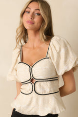 The Real Thing Light Beige Cotton Contrast Trim Peplum Top
