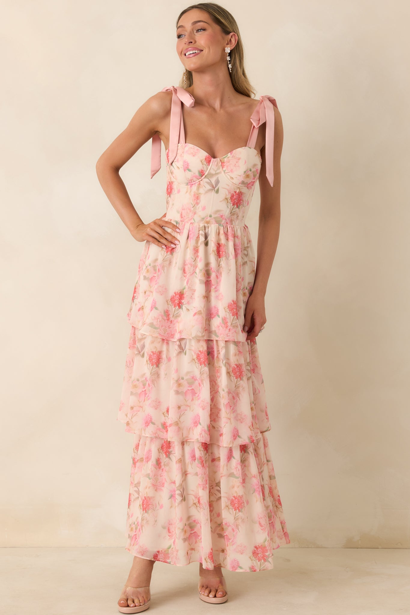 Written in Flowers Coral Pink Floral Tie Strap Maxi Dress
