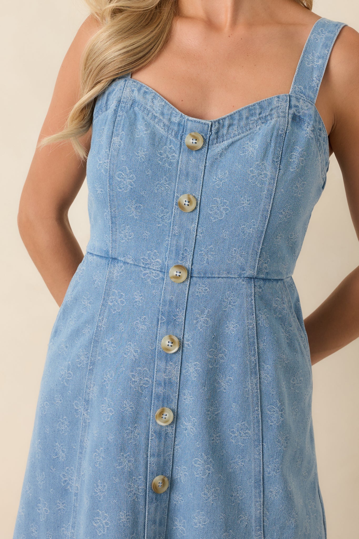 Dreaming in Blue Light Wash Denim Floral Midi Dress