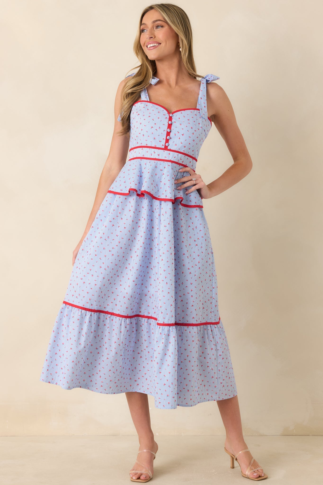 Sweet Tea in July Light Blue & Red Cotton Floral Stripe Peplum Midi Dress