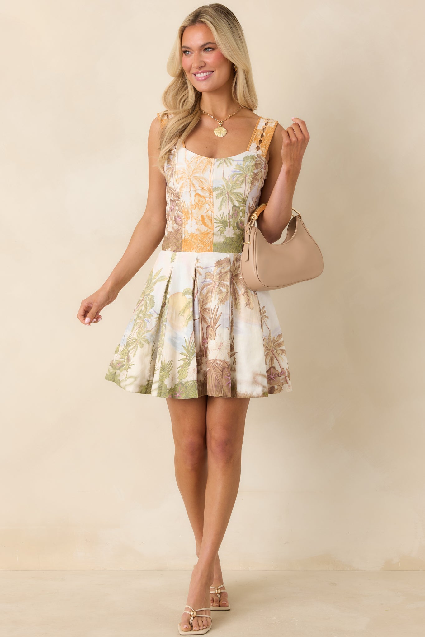 Aylaya Nevaeh Multi Tropical Beach Print Pleated Mini Dress