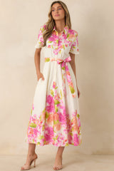 Rosy Outlook Pink Multi Floral Cotton Tie-Belt Midi Dress