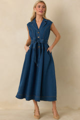I'm All In Dark Wash Denim Tie-Belt Midi Dress