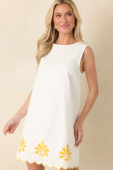 Golden Coastlines White & Yellow Embroidered Scalloped Cotton Mini Dress