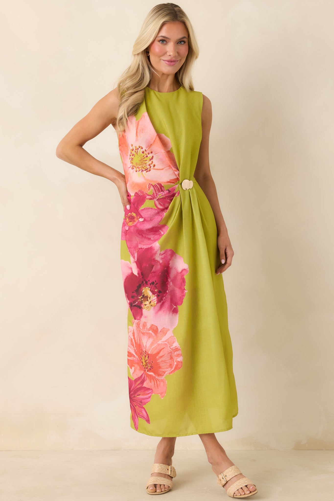 Do a Double Take Chartreuse Multi Floral Print Midi Dress