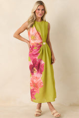 Do a Double Take Chartreuse Multi Floral Print Midi Dress