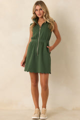 Zip Through the Day Green Zip Front Scalloped Hem Mini Dress