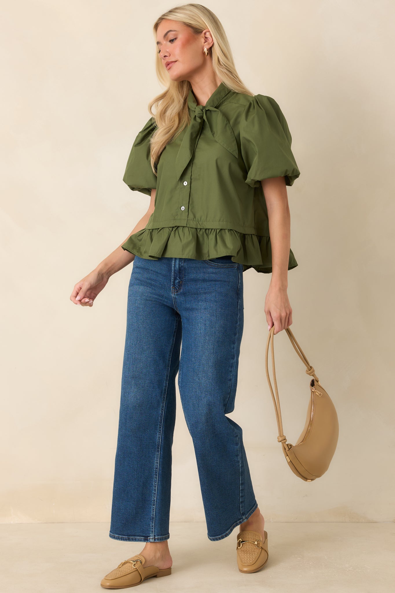 Signature Style Moss Green Tie Neck Peplum Blouse