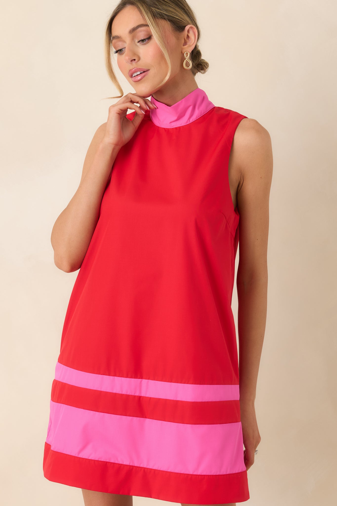Up to Something Red & Pink Contrast Tie-Back Sleeveless Mini Dress