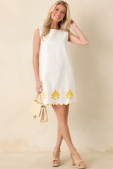 Golden Coastlines White & Yellow Embroidered Scalloped Cotton Mini Dress