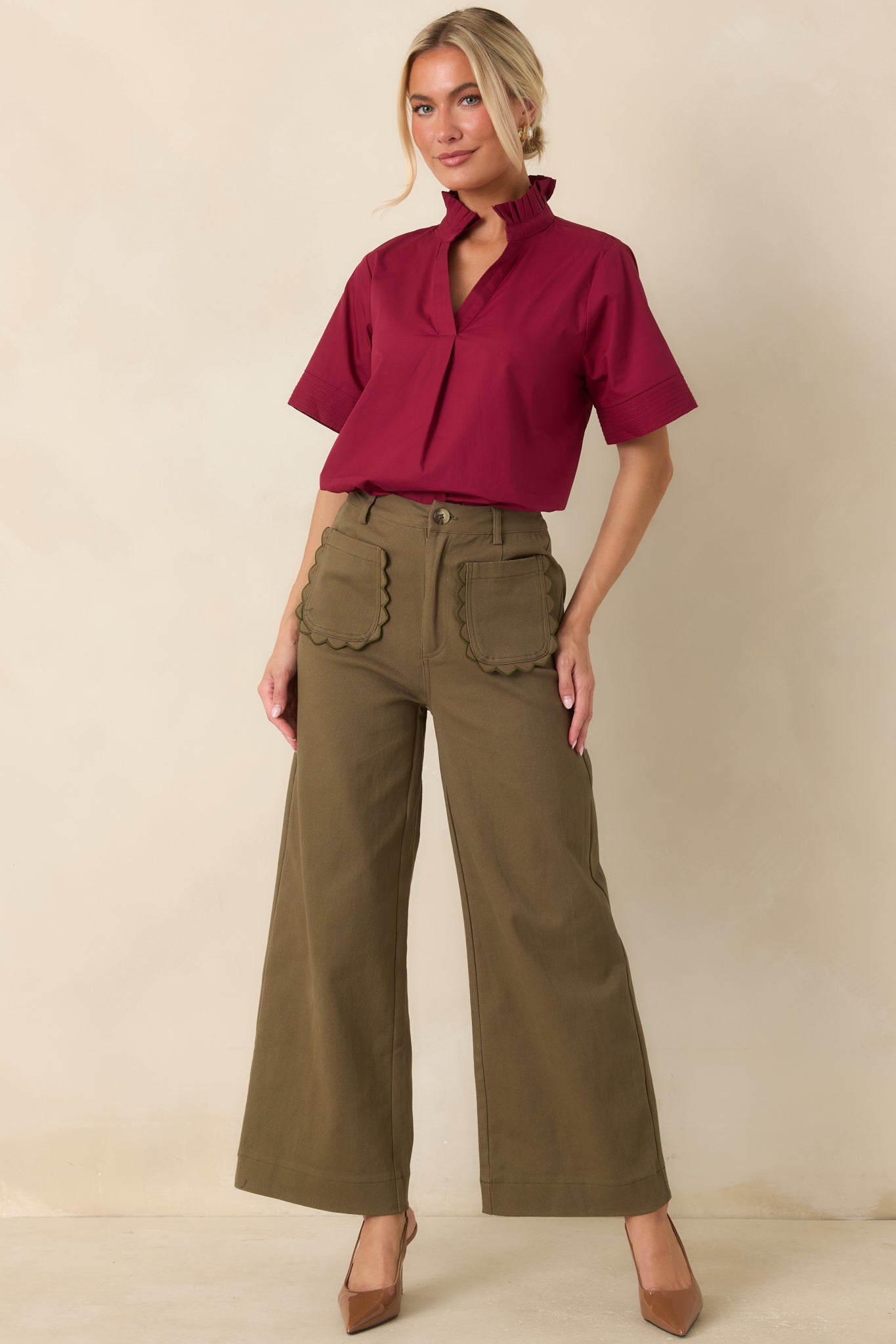 Memories Made Olive Green Cotton Wide Leg Pants