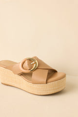 Feeling Elated & Elevated Tan Faux Leather Platform Wedge Sandals