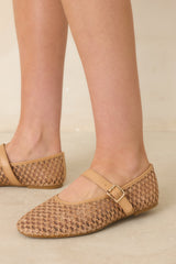 Just In Time Tan Mesh Woven Mary Jane Flats