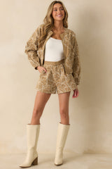 Take A Break Tan Cotton Embroidered Shorts