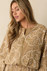 At Your Pace Tan Cotton Embroidered Zip up Jacket