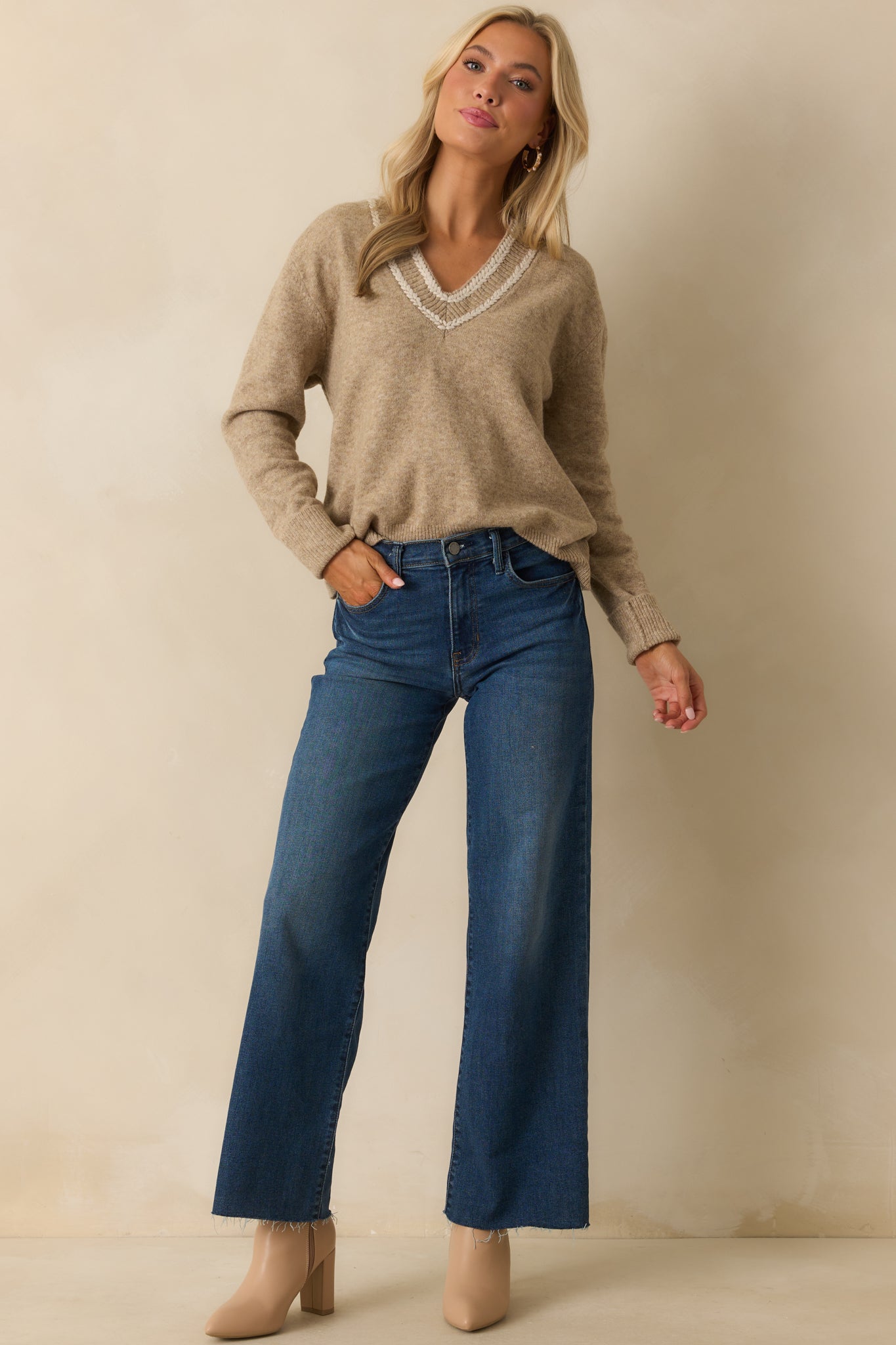 Let's Be Real About It Tan Ribbed Knit V-Neck Sweater