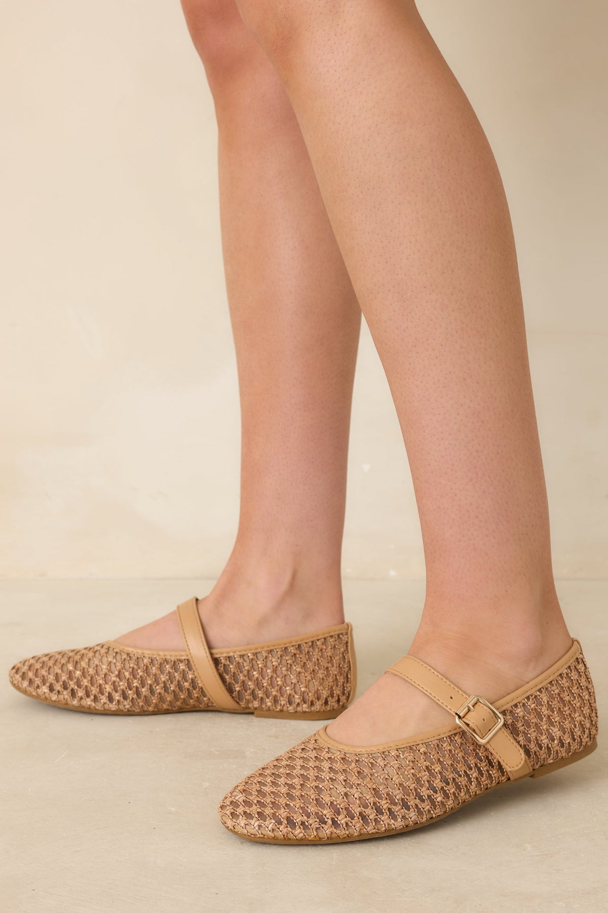 Just In Time Tan Mesh Woven Mary Jane Flats