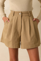 Here We Go Again Tan Pleated High Waisted Shorts
