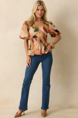 You'll See Why Tan Multi Abstract Print Puff Sleeve Peplum Top
