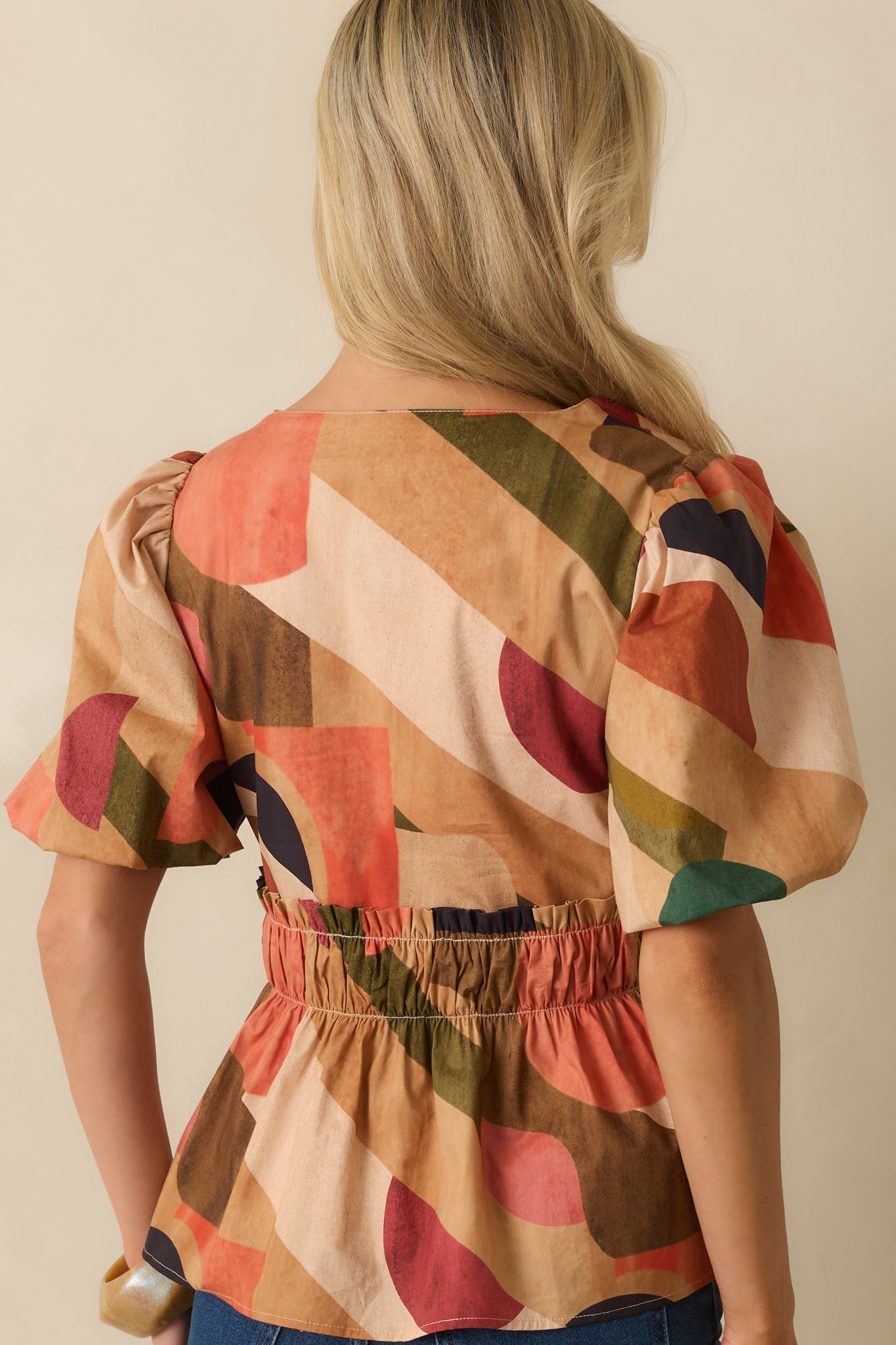 You'll See Why Tan Multi Abstract Print Puff Sleeve Peplum Top