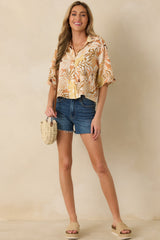 Say You Will Tan Multi Tropical Print Button Up Top